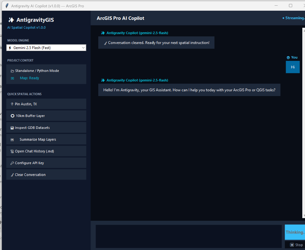 AntigravityGIS Interactive AI Chat Dialog running live inside ArcGIS Pro