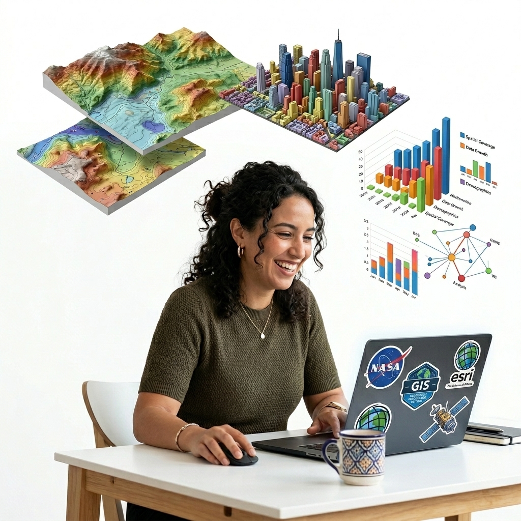 GIS Analyst smiling while working on laptop with 3D spatial maps